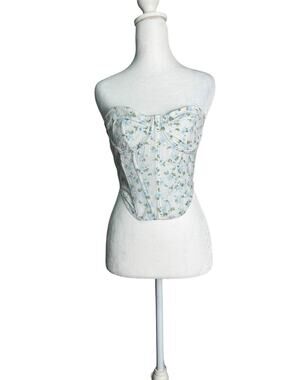 Blue Floral Lace Corset Top Strapless Cottagecore Coquette Lace Up Back Sz Small